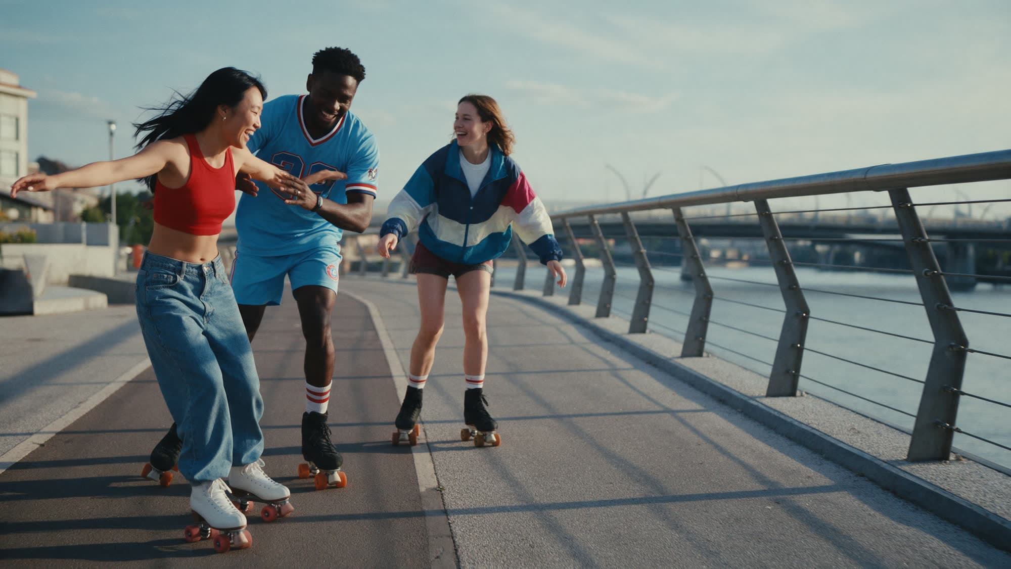 Three friends roller-skating along a city waterfront