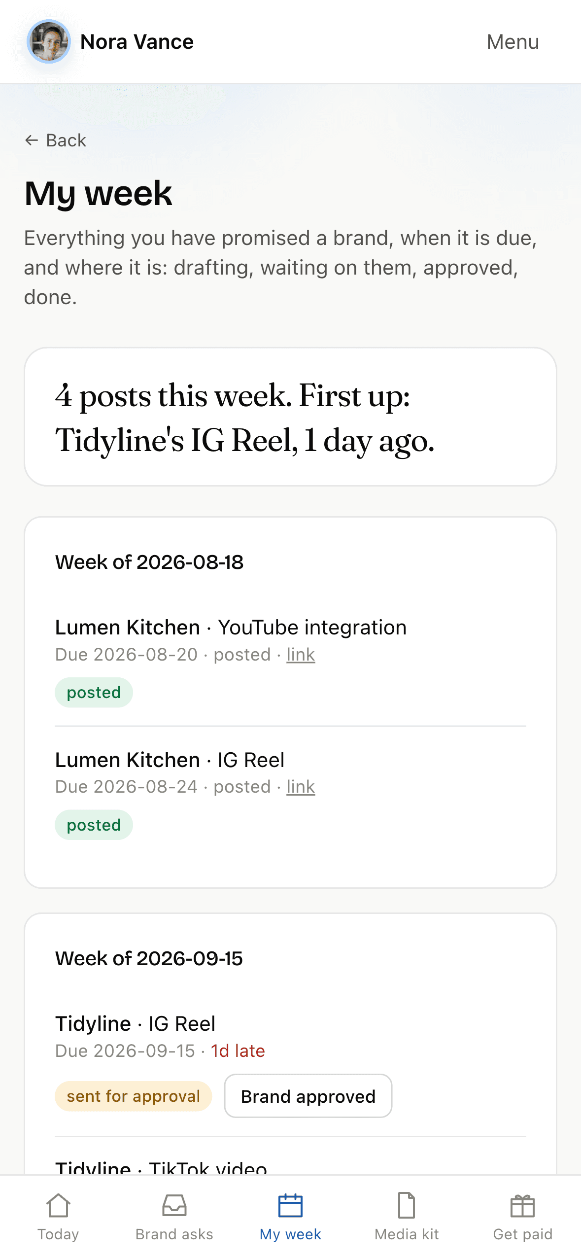 My week in Creator OS: every promised post by week, with its status