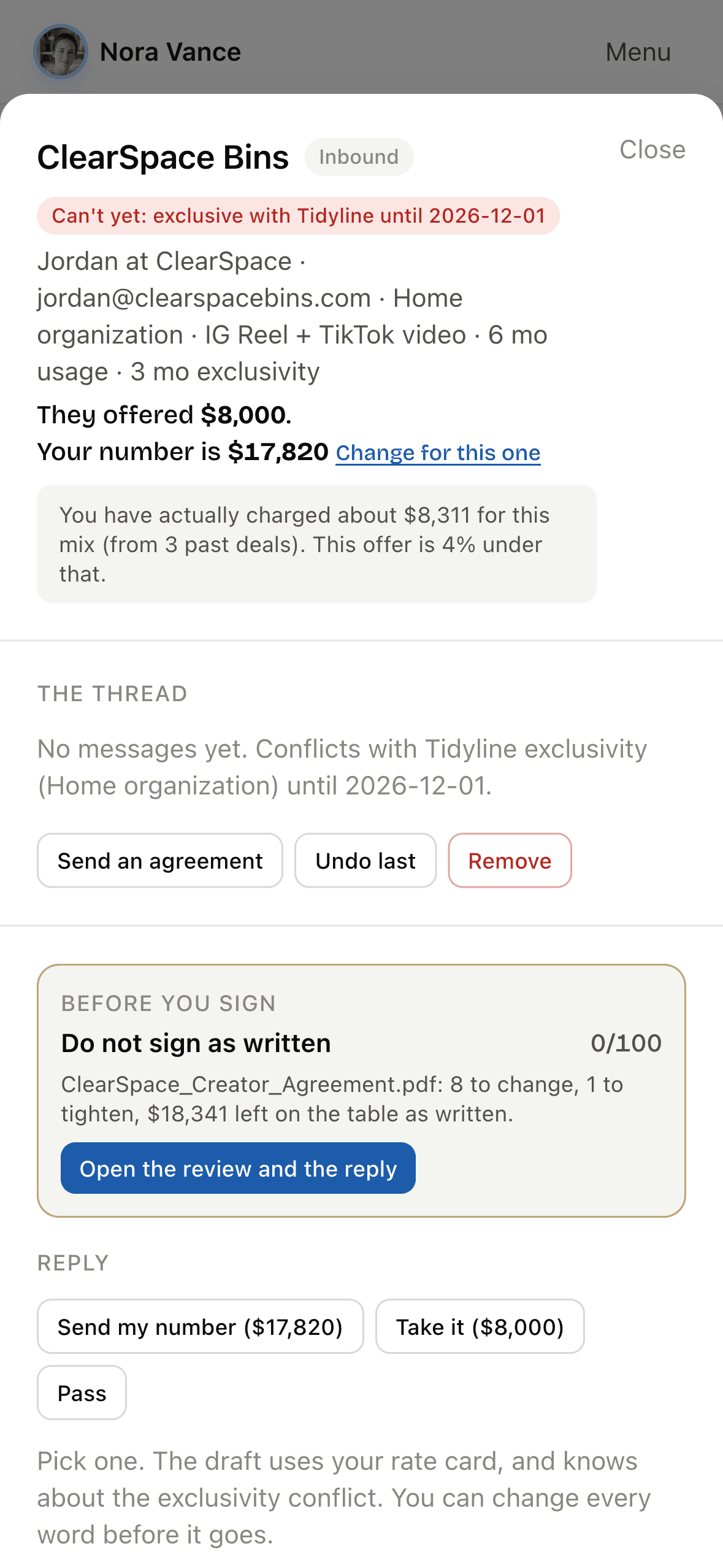 A brand ask open in Creator OS: what they offered, your number, and one tap to send it, take it, or pass